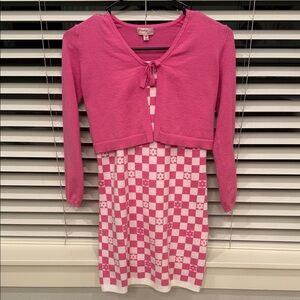 Pink and White Checkered Kids Dress with Cardigan